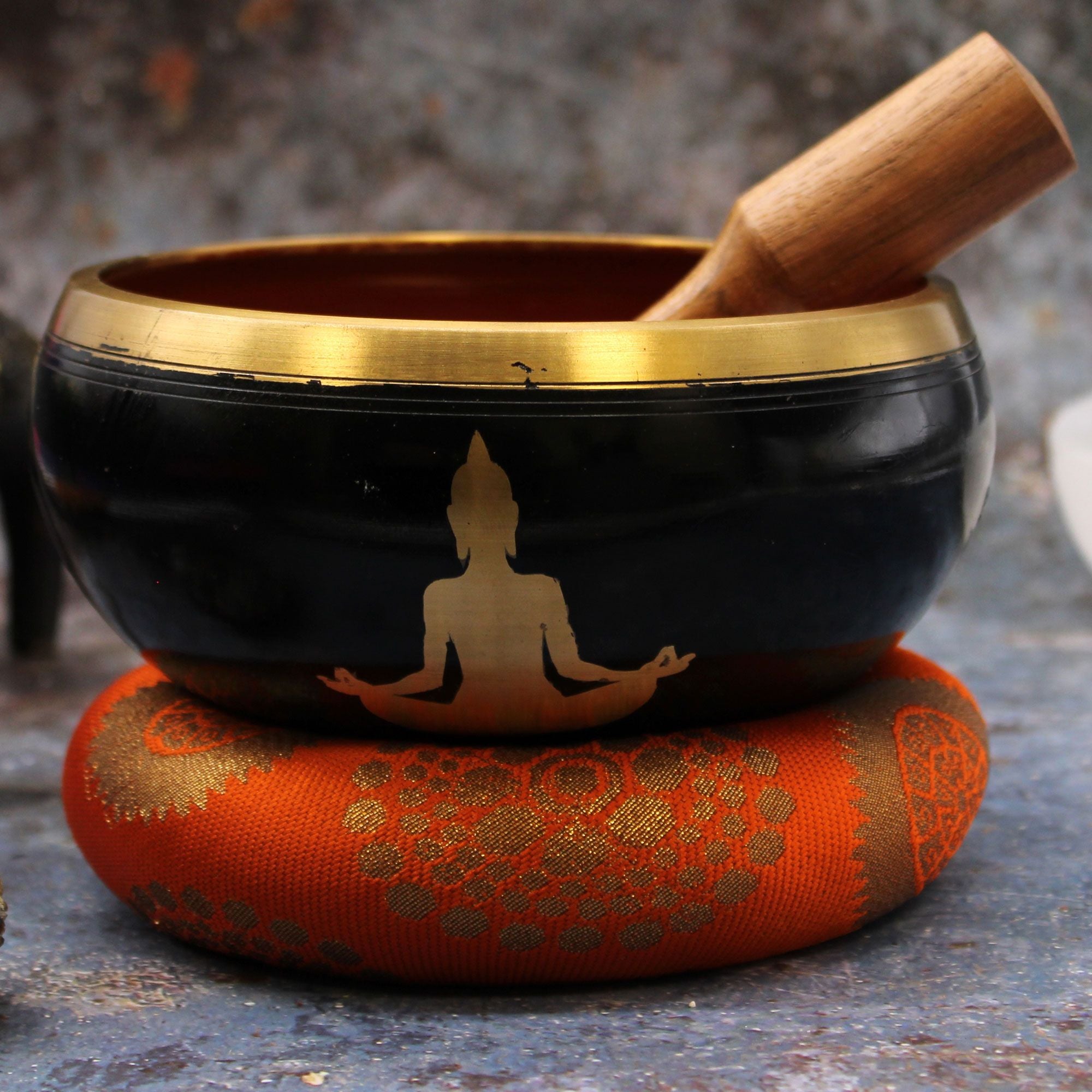 Large Buddha Singing Bowl Set – Black/Orange (14cm)