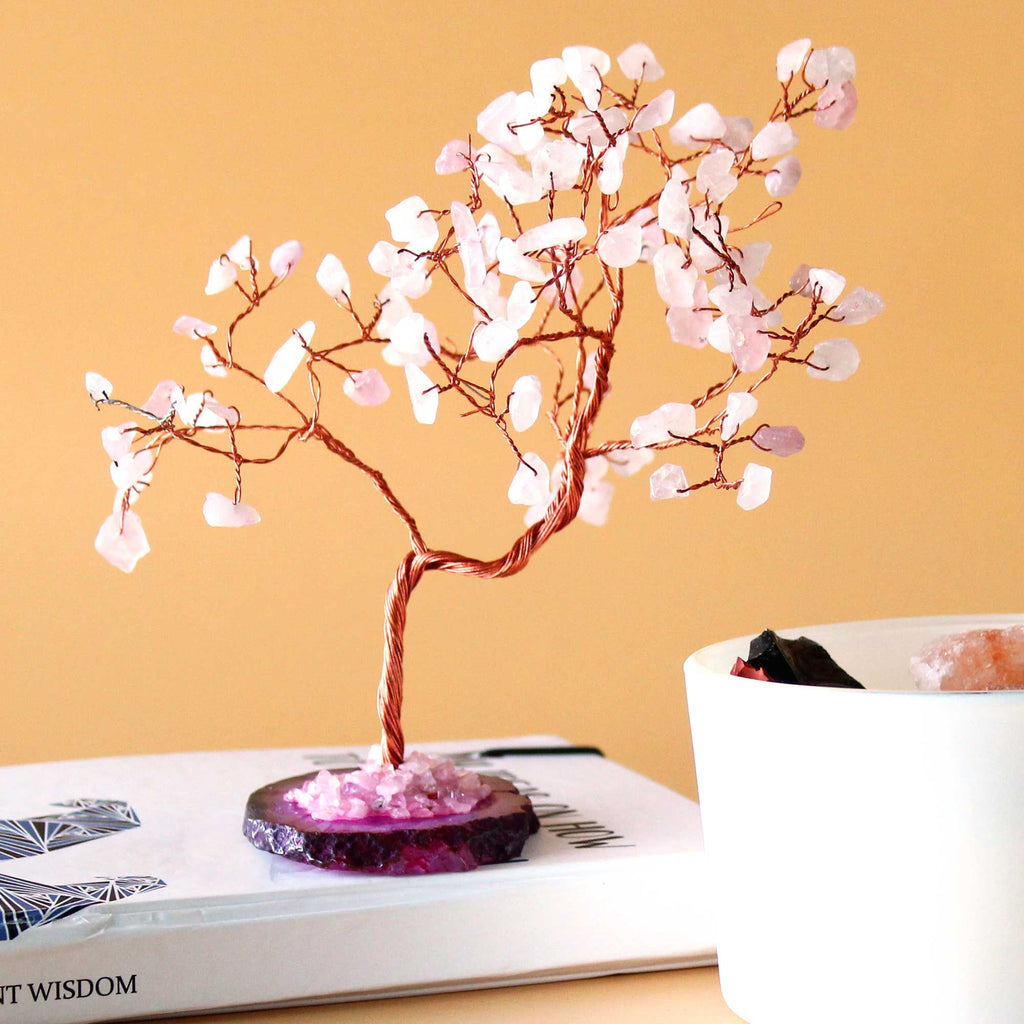 Large Gemstone Tree – Rose Quartz on Pink Agate Base (100 stones)