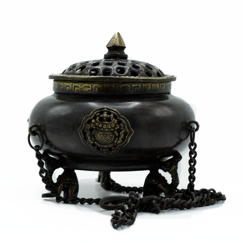 Large Brass Tibetan Burner – Four Symbol Hanging Pot
