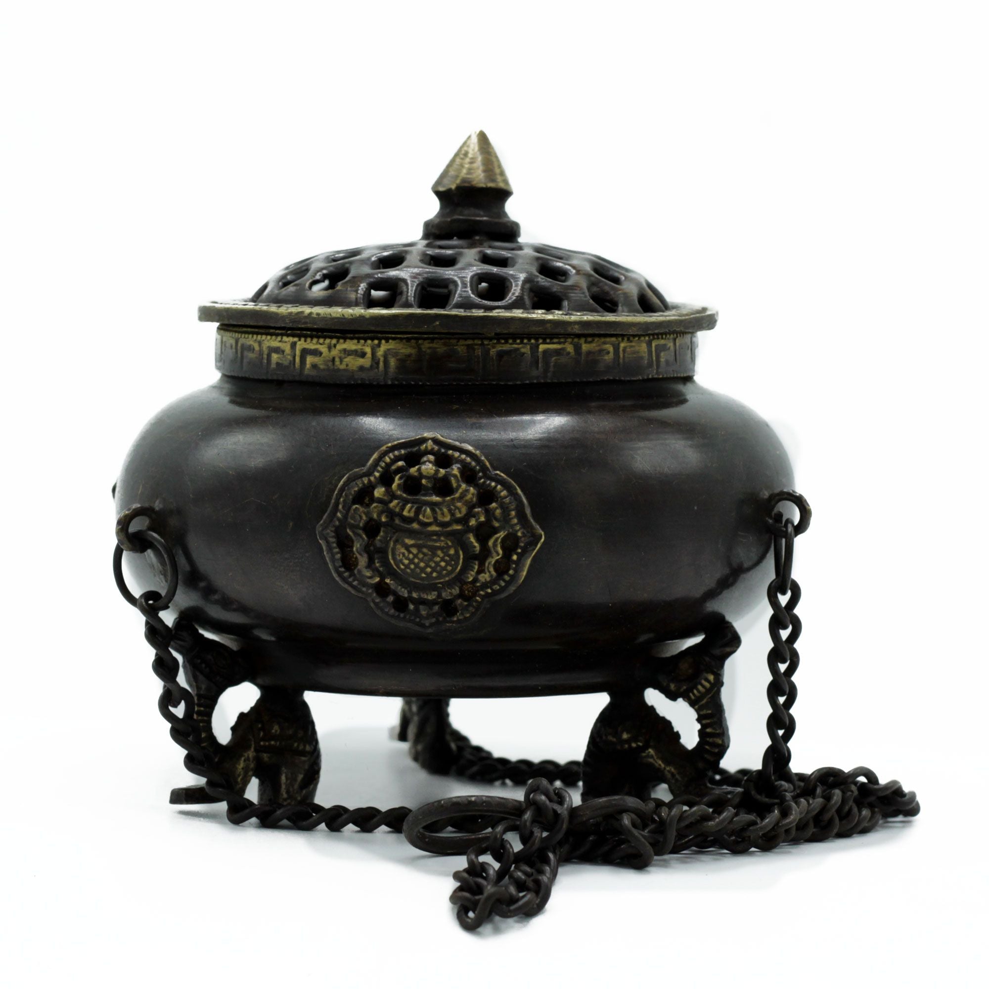 Large Brass Tibetan Burner – Four Symbol Hanging Pot
