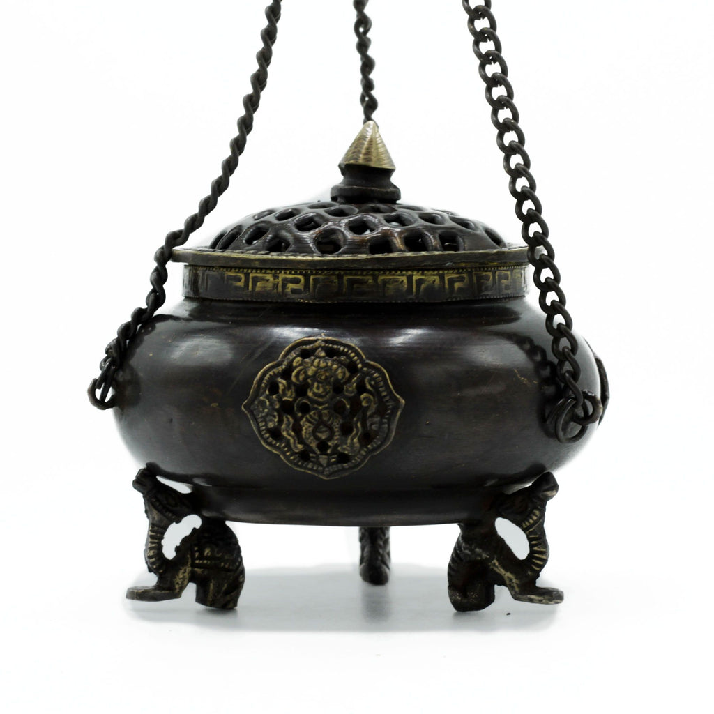 Large Brass Tibetan Burner – Four Symbol Hanging Pot
