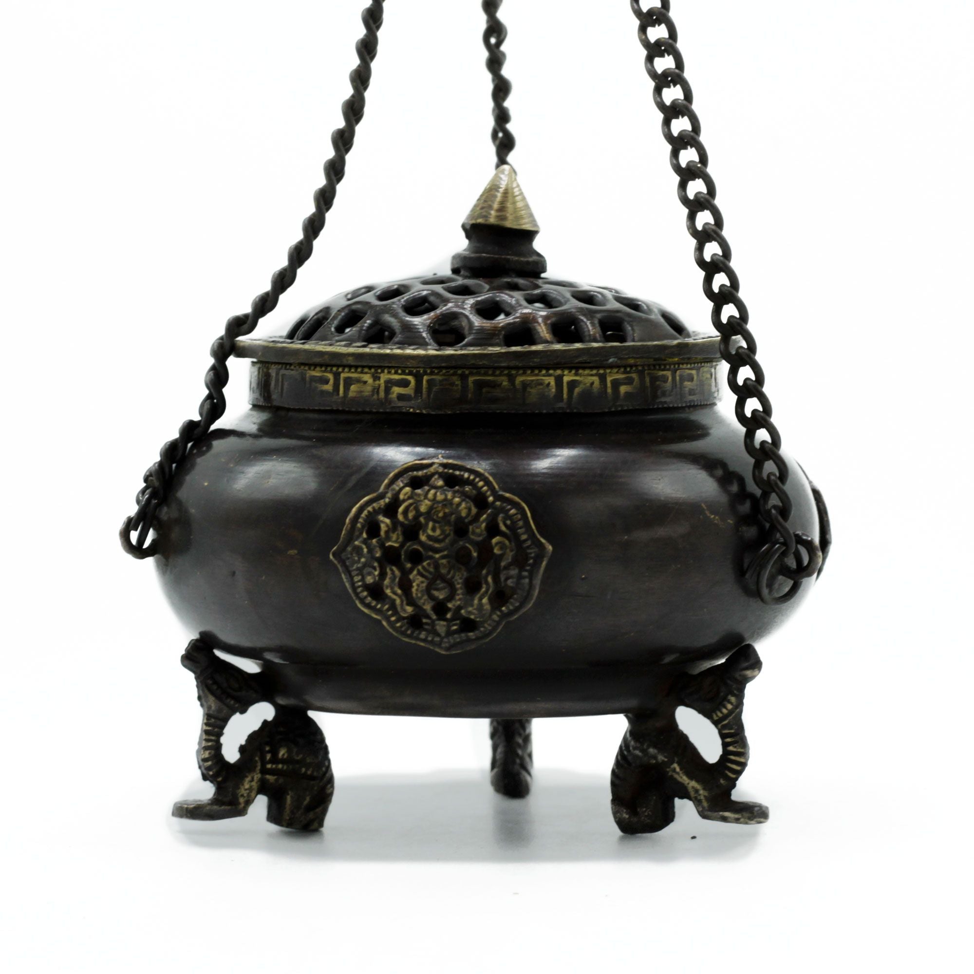 Large Brass Tibetan Burner – Four Symbol Hanging Pot