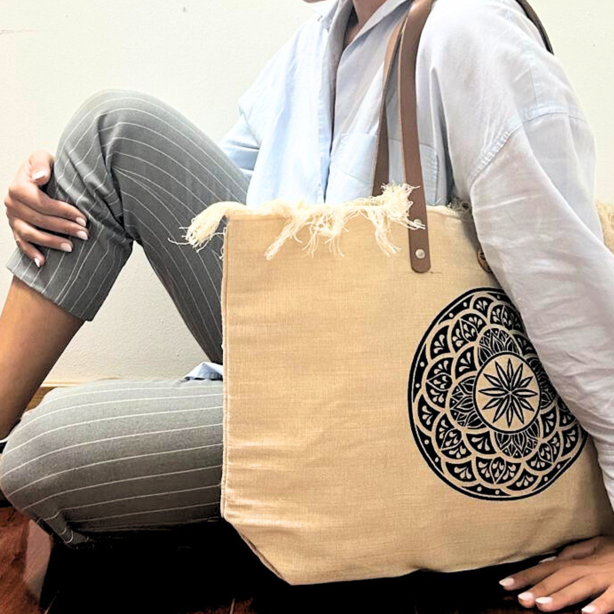 Natural Tote Bag Leather Handle – Mandala