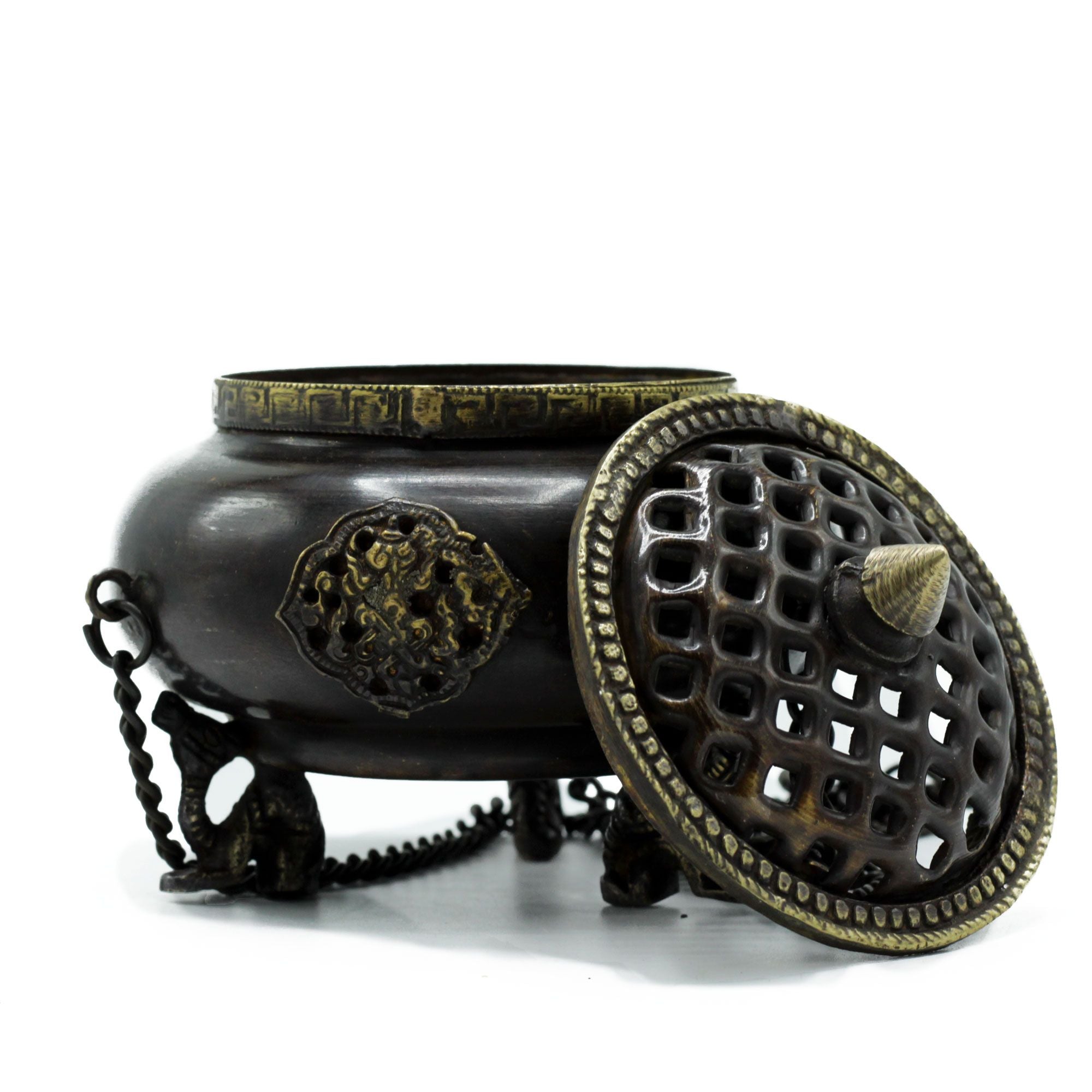 Large Brass Tibetan Burner – Four Symbol Hanging Pot