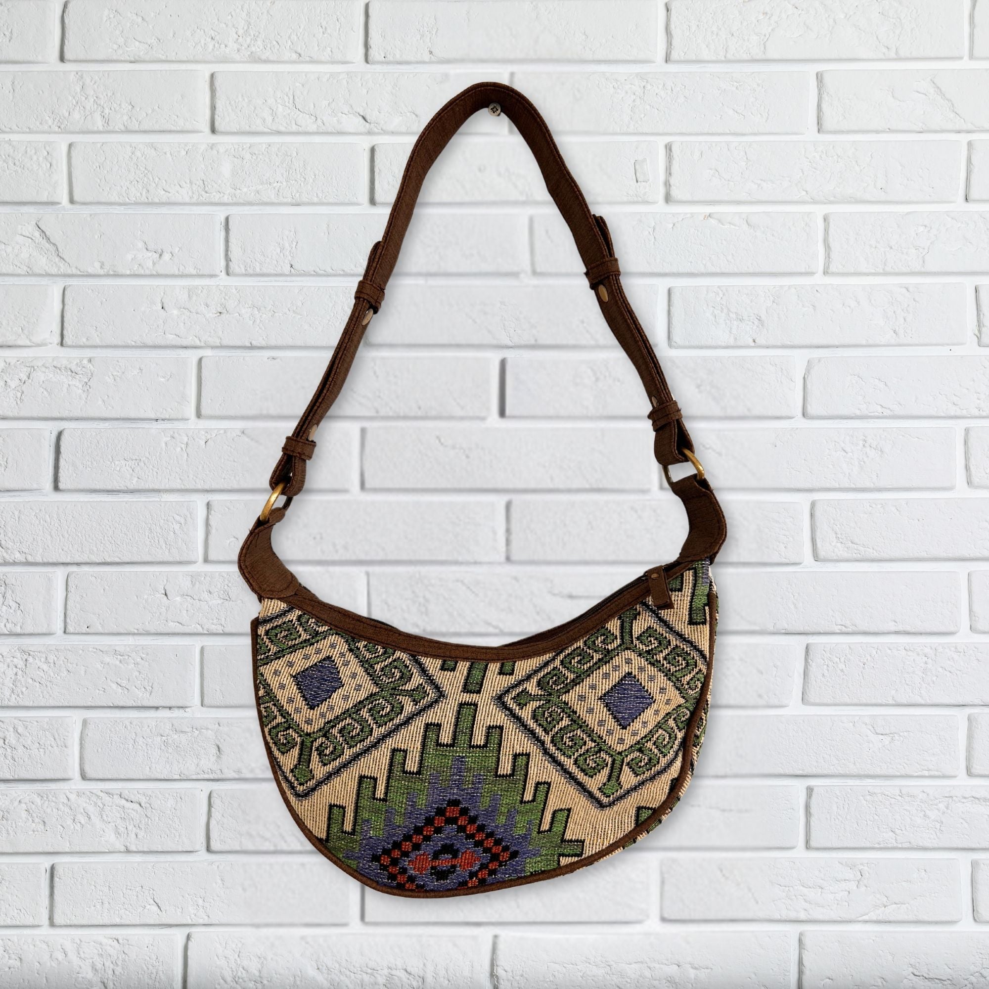 Jacquard Hobo Bag – Geo-Green (Brown Strap)