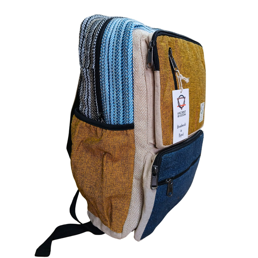 Large Boxy Hemp Backpack – Teal & Turmeric