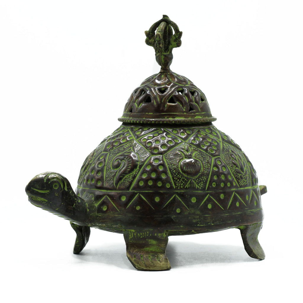 Large Brass Verdigris Tibetan Turtle Incense Holder