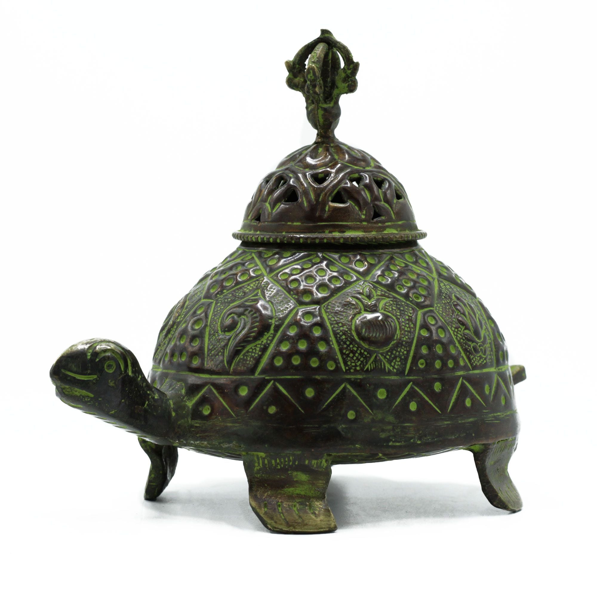 Large Brass Verdigris Tibetan Turtle Incense Holder