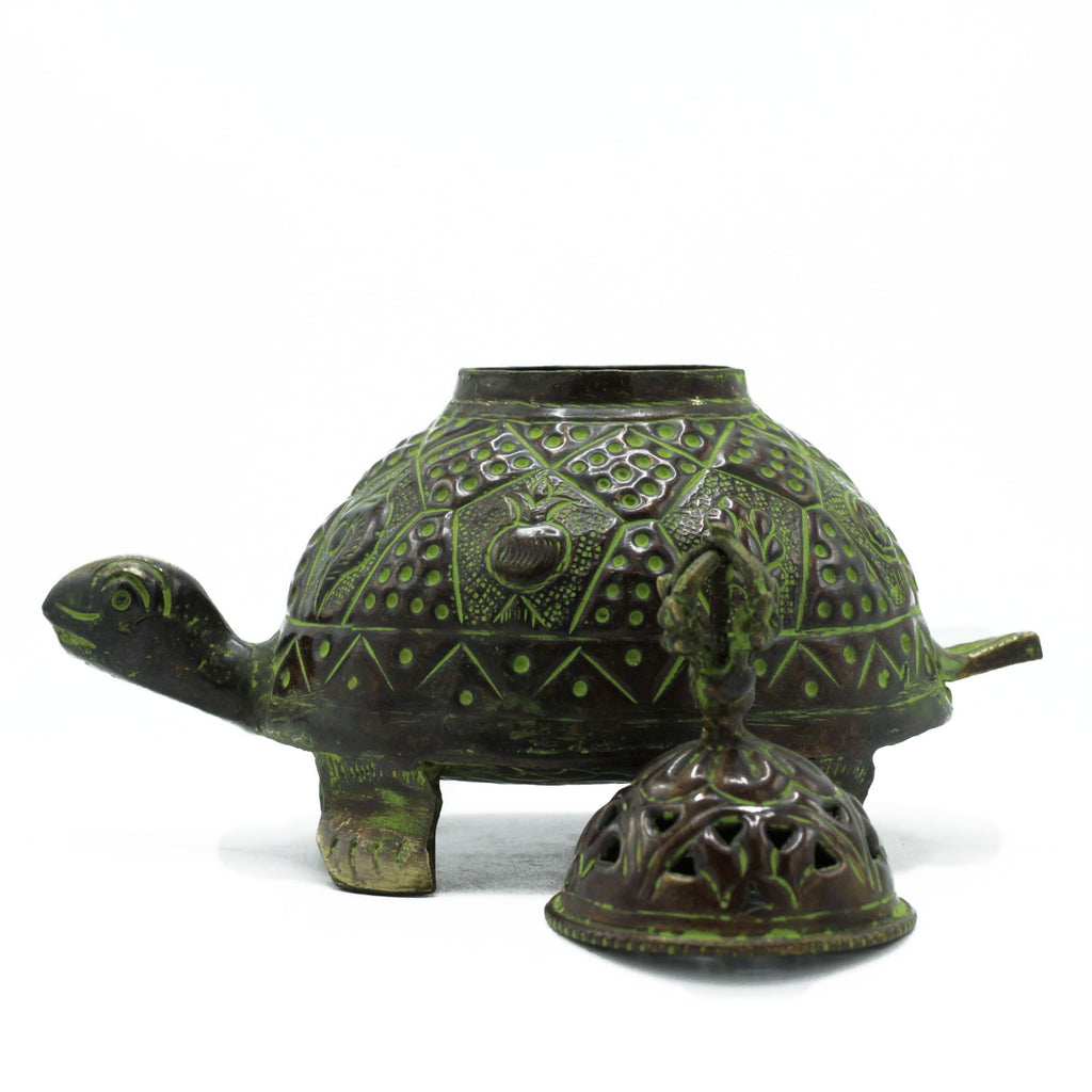 Large Brass Verdigris Tibetan Turtle Incense Holder