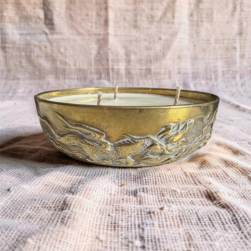 Repurposed Vintage Chinese Brass Bowl Candle - Soft Sandalwood