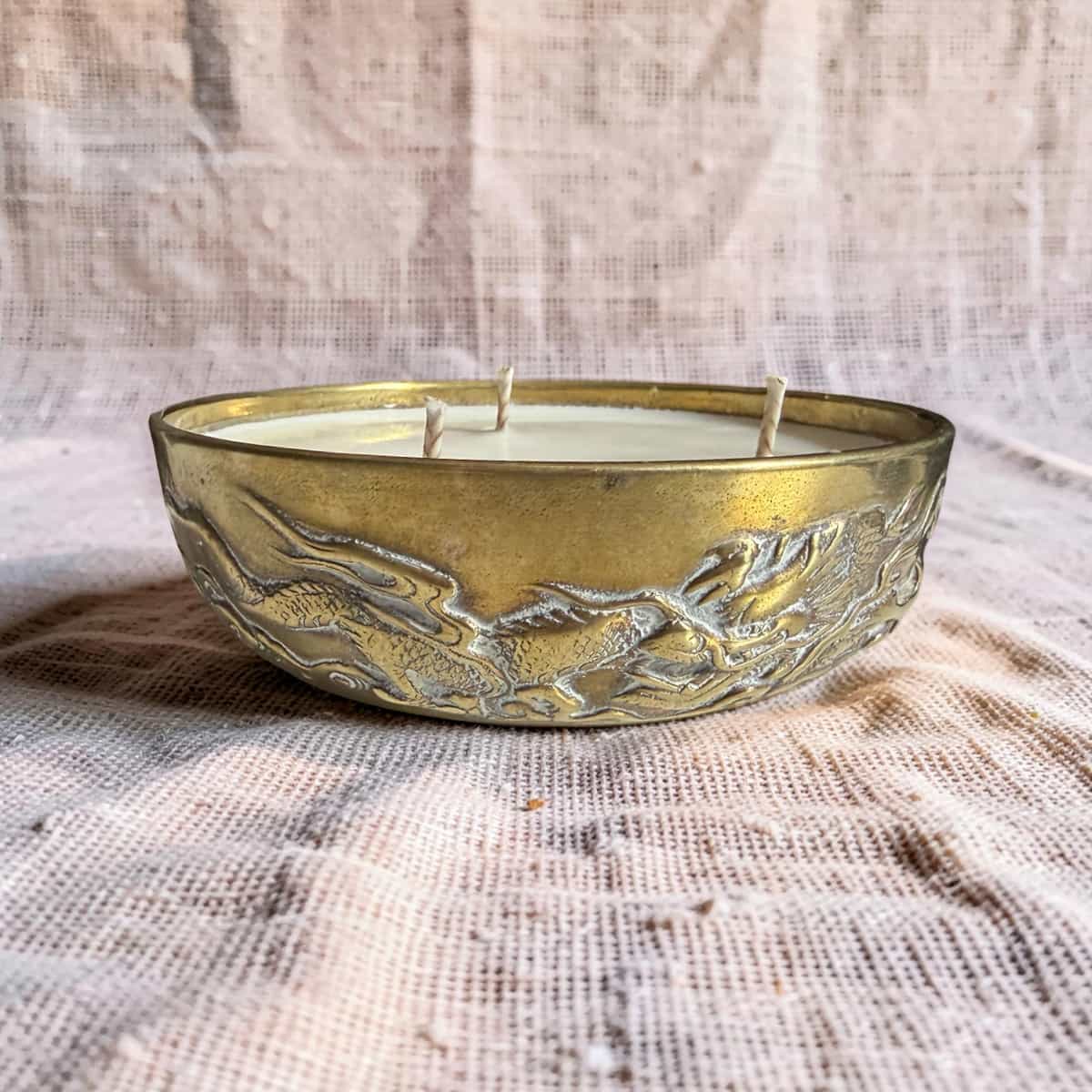Repurposed Vintage Chinese Brass Bowl Candle - Soft Sandalwood
