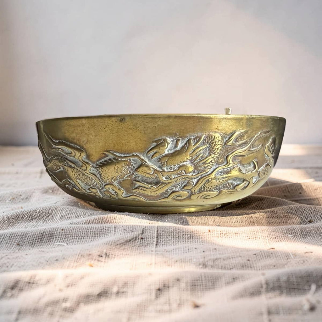 Repurposed Vintage Chinese Brass Bowl Candle - Soft Sandalwood