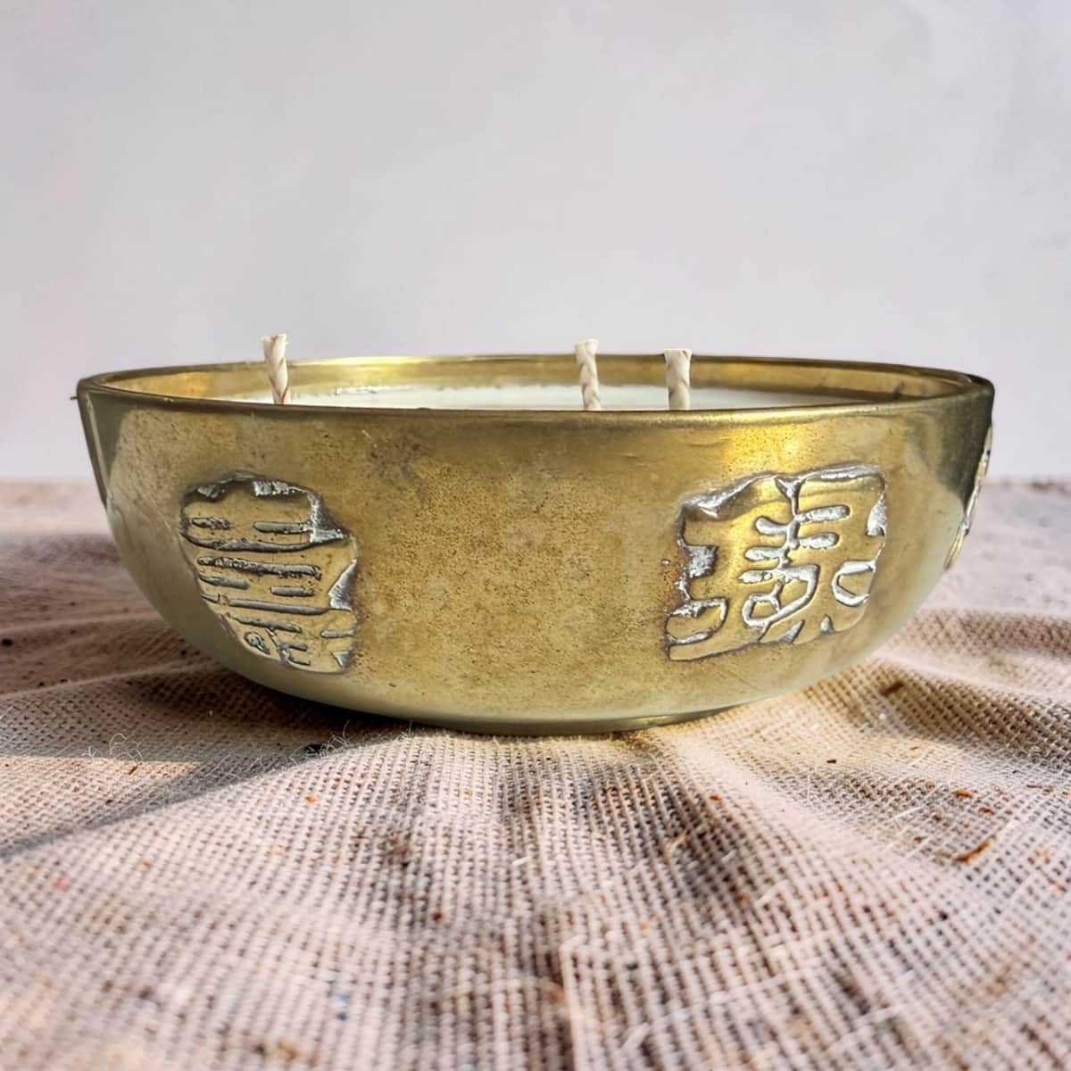 Repurposed Vintage Chinese Brass Bowl Candle - Soft Sandalwood